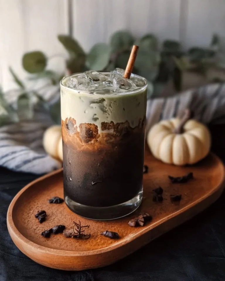 Witch's Brew Iced Latte with a mystical design in a glass