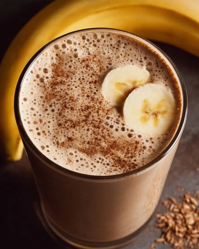 Delicious banana protein coffee smoothie in a glass with a straw