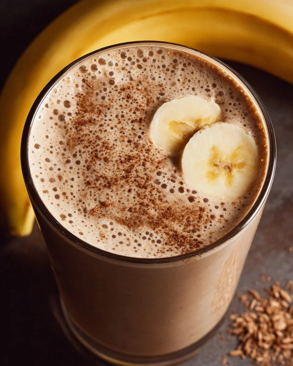 Delicious banana protein coffee smoothie in a glass with a straw