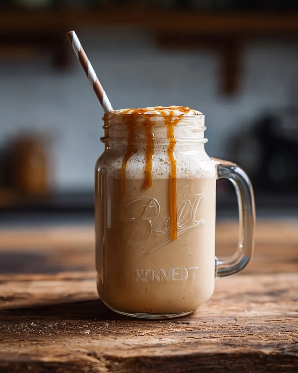 Caramel iced coffee protein shake served in a glass with a straw.
