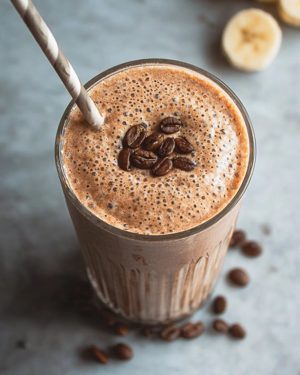 Delicious coffee breakfast smoothie with fresh ingredients in a glass
