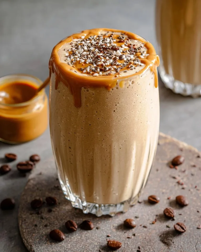 Delicious coffee protein smoothie served in a glass with coffee beans and protein powder