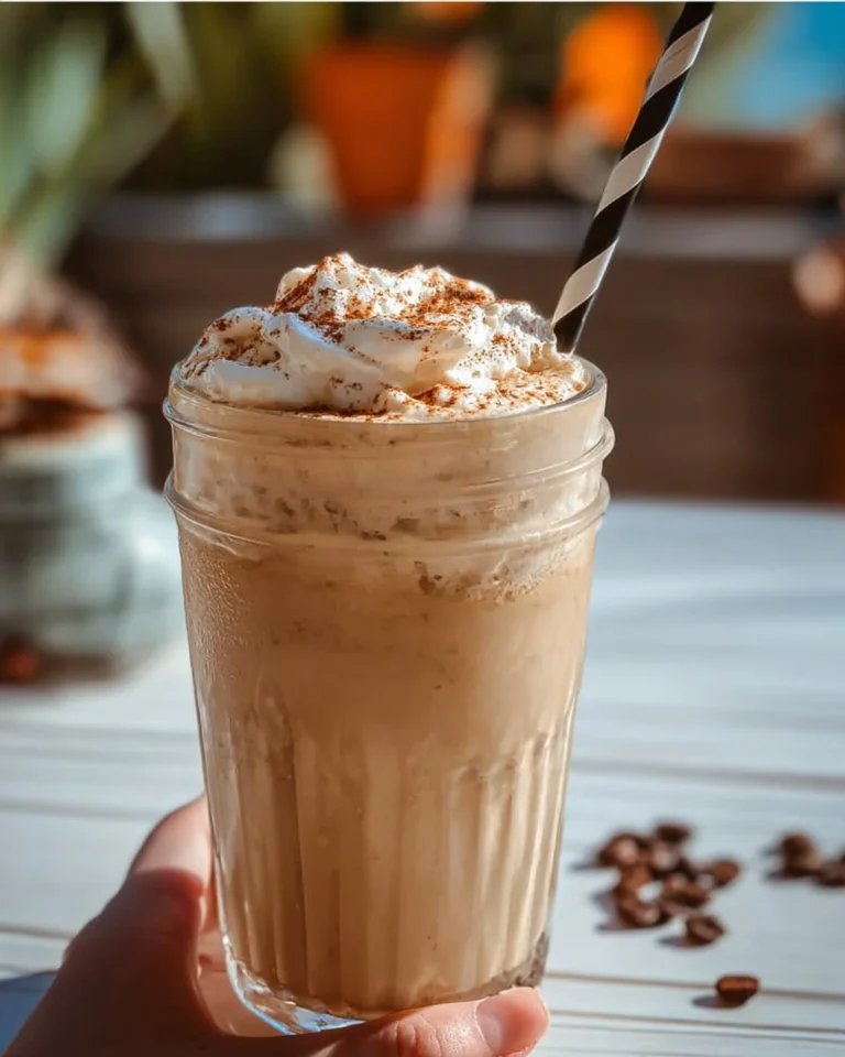 Cold brew coffee smoothie with banana and almond milk in a glass.