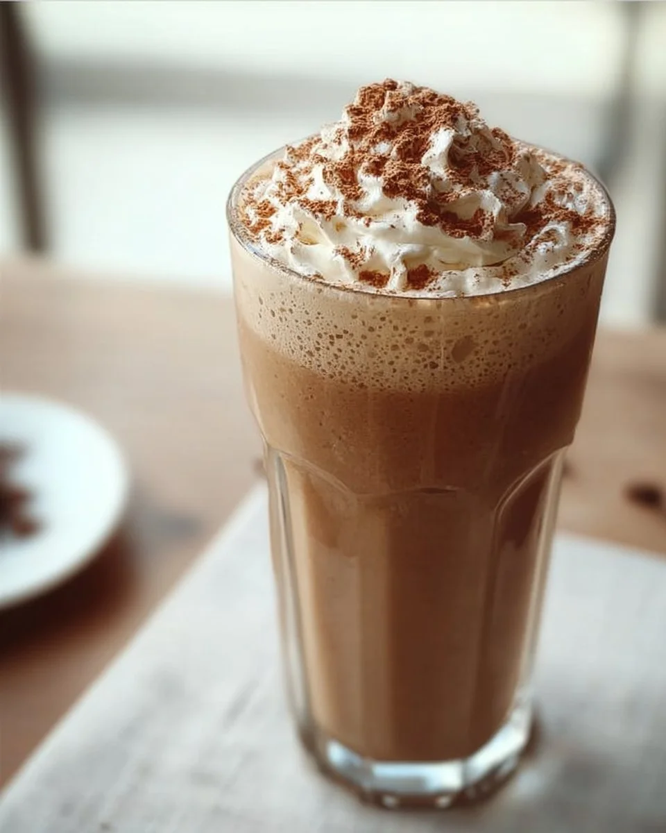 High-protein coffee frappé in a glass with whipped cream and chocolate drizzle