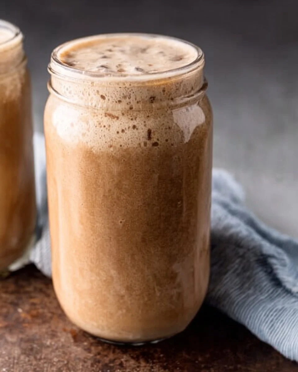Iced Coffee Protein Shake with protein powder and ice in a glass