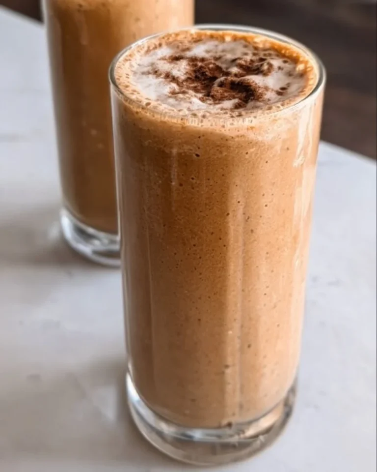 Iced coffee protein shake in a glass with ice and coffee beans
