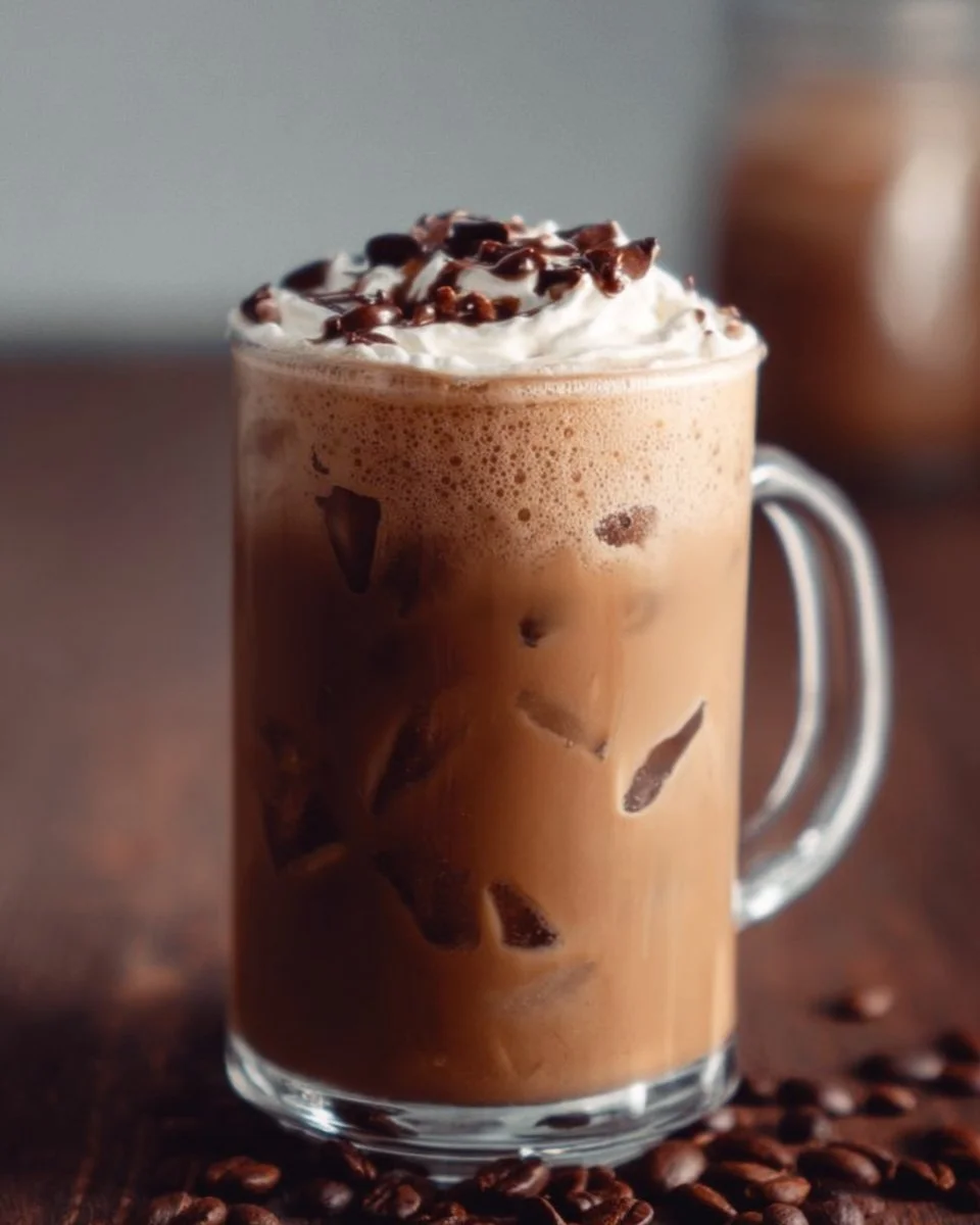 Iced Mocha Protein Coffee topped with whipped cream and chocolate drizzle.