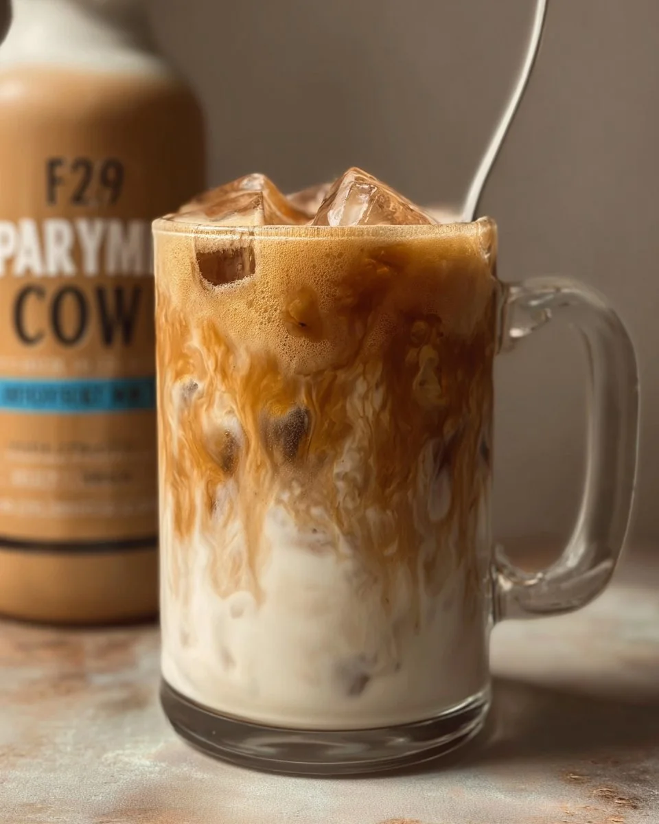 Iced Protein Vanilla Macchiato in a glass with whipped cream and coffee beans