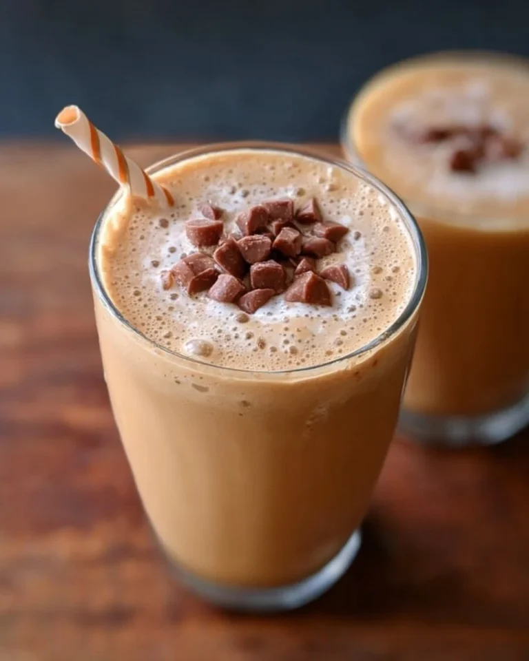 Peanut butter coffee smoothie in a glass with coffee beans and peanut garnish