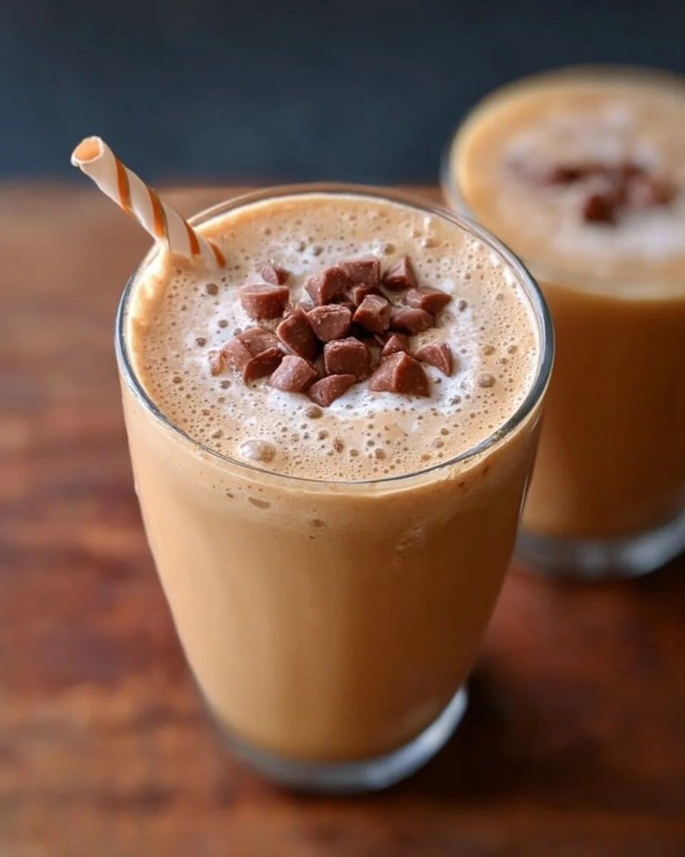 Peanut butter coffee smoothie in a glass with coffee beans and peanut garnish