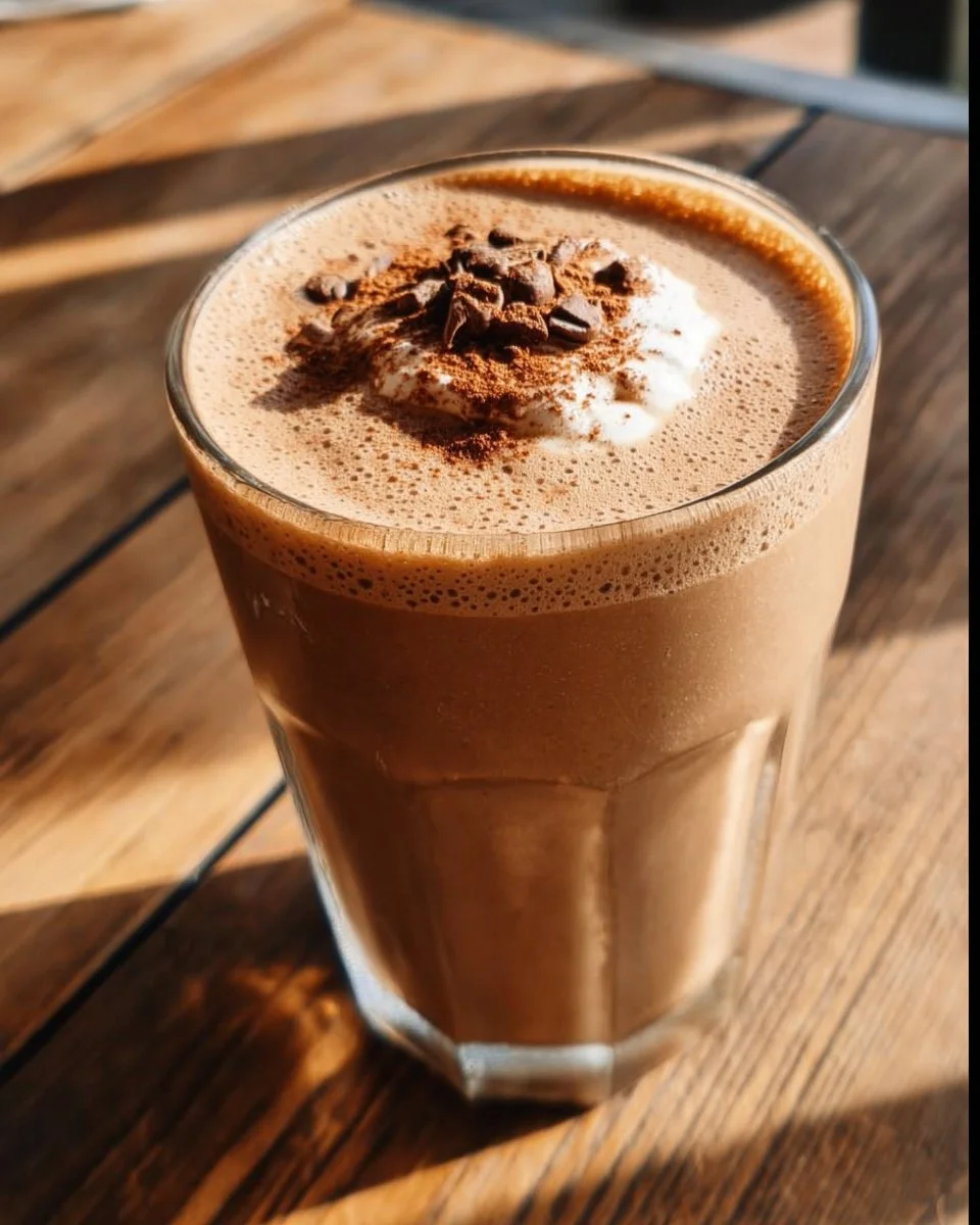 A refreshing protein coffee smoothie topped with whipped cream and coffee beans