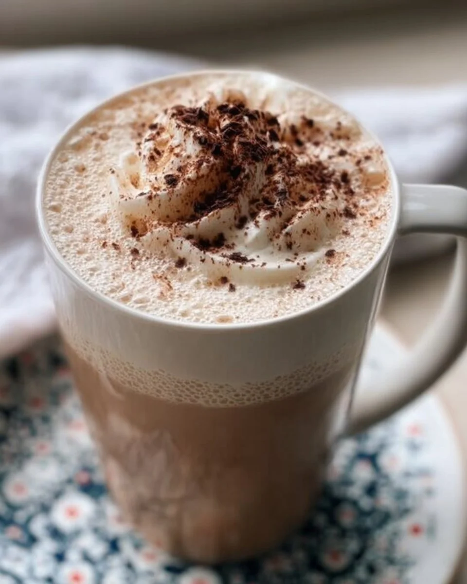 Delicious white mocha protein coffee in a cup, showcasing its creamy texture.