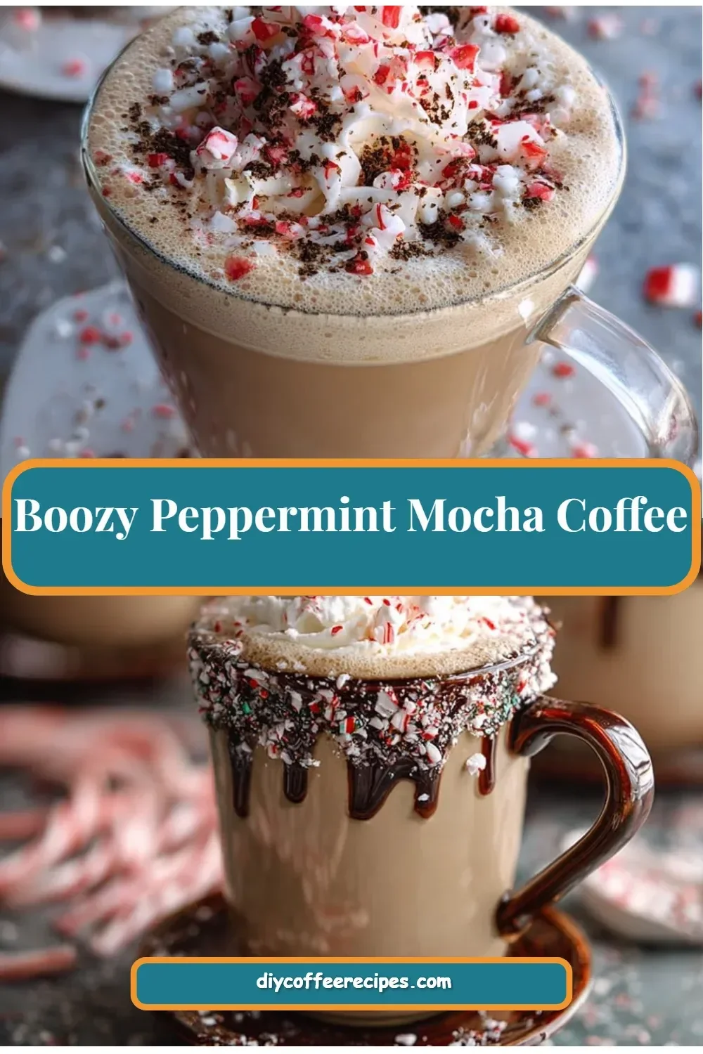 Boozy peppermint mocha coffee in a festive mug topped with whipped cream and candy canes