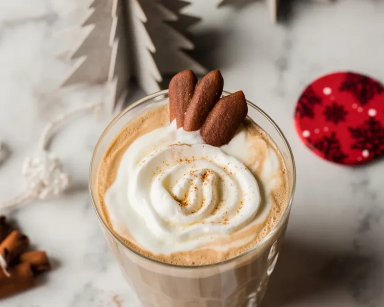 Cozy Gingerbread Latte with whipped cream and festive spices in a warm mug.