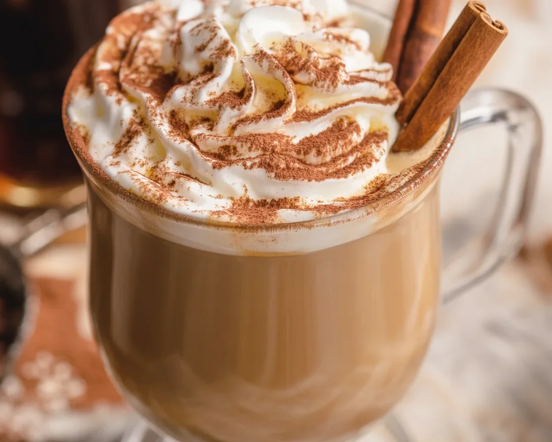 A cozy Cinnamon Spice Latte topped with whipped cream and cinnamon.