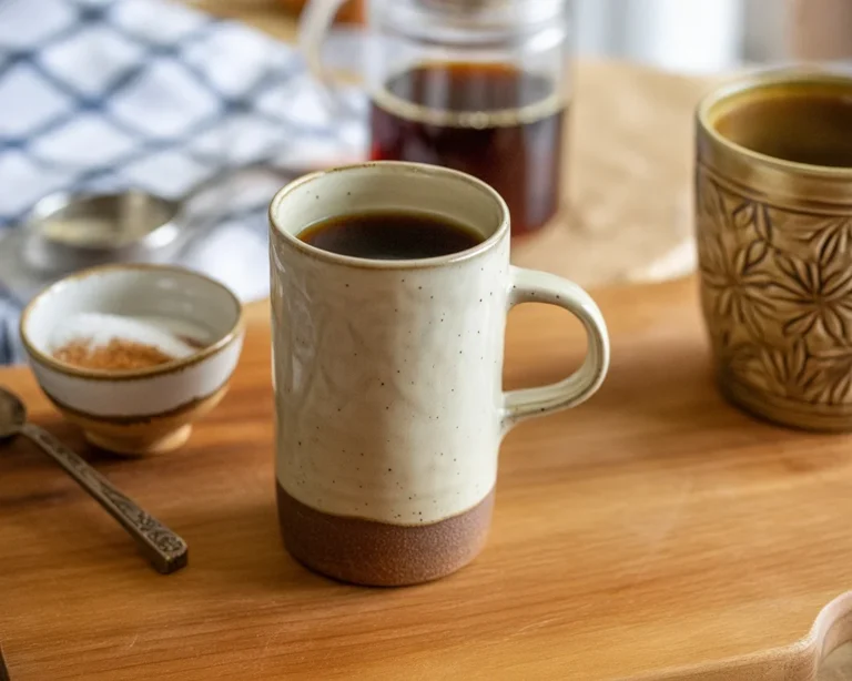 Cup of winter spice coffee with cinnamon and orange zest on a cozy table setting