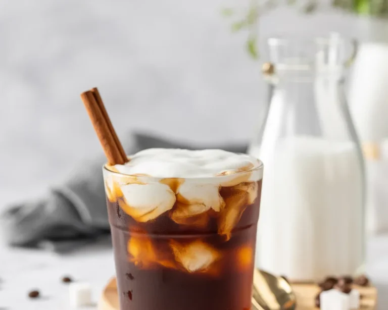 Coconut Cream Coffee topped with whipped coconut cream and served in a clear glass.