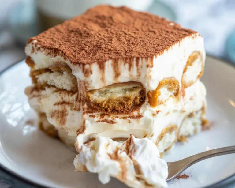 Slice of coffee tiramisu with coffee-soaked ladyfingers and creamy mascarpone layer