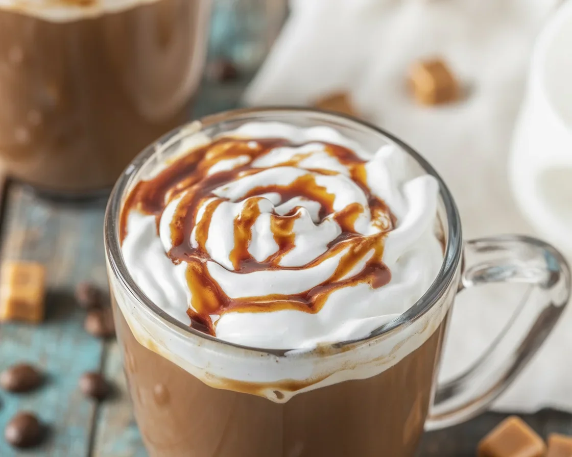 Indulgent Salted Caramel Mocha drink topped with whipped cream and caramel drizzle.
