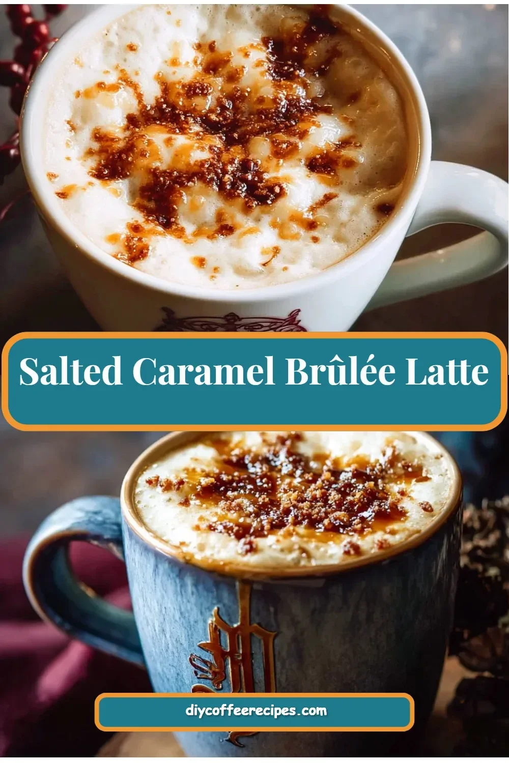 Delicious Salted Caramel Brûlée Latte with whipped cream and caramel drizzle