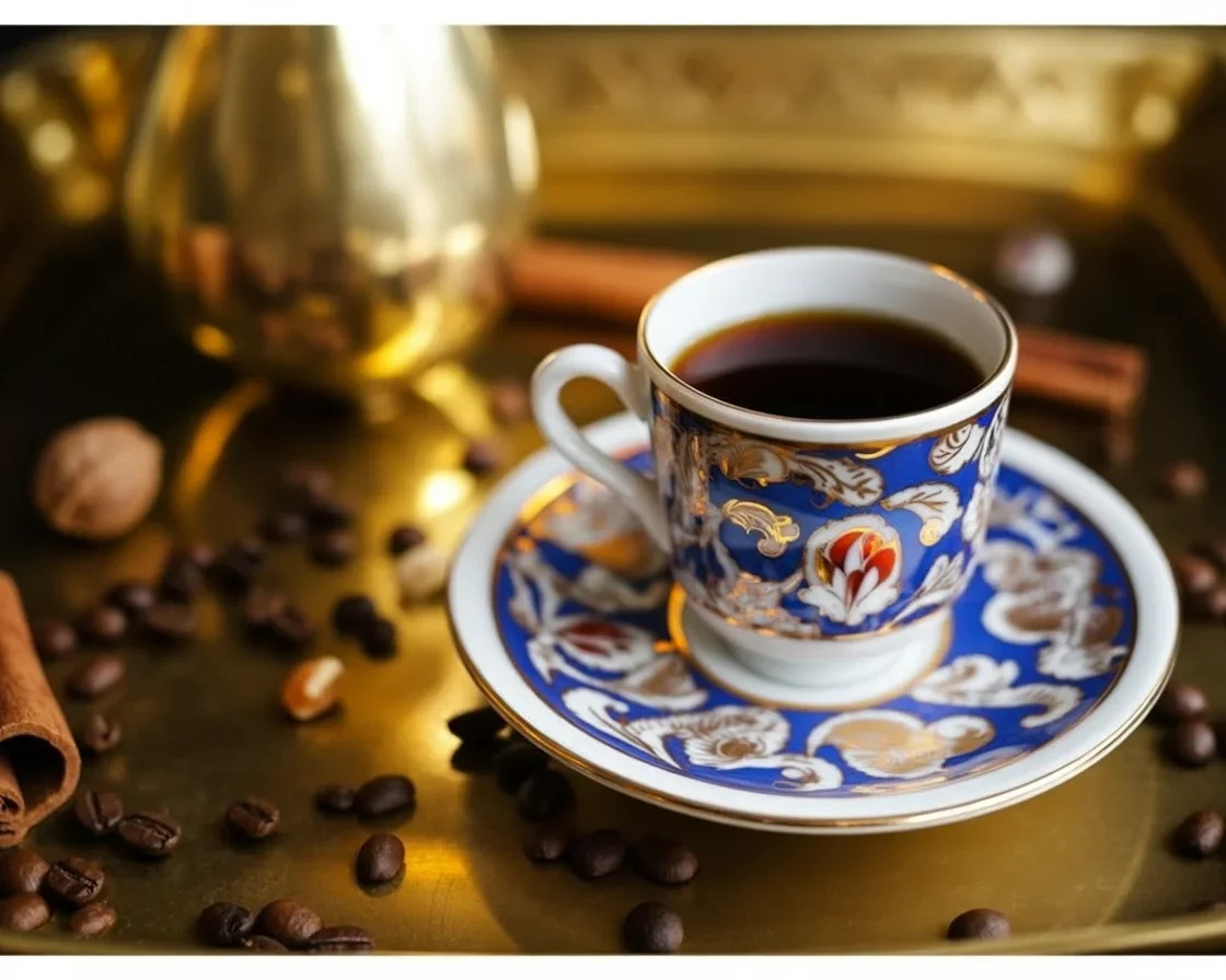A steaming cup of Moroccan Spiced Coffee with aromatic spices and coffee beans.