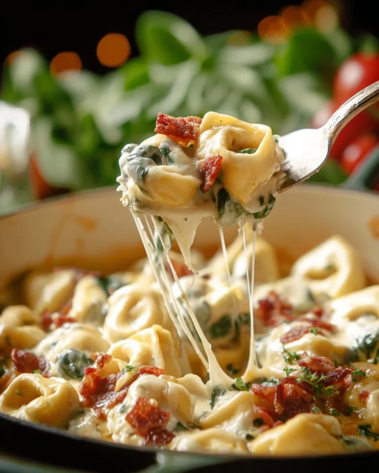 Bacon Tortellini Bake with Broccoli served in a casserole dish