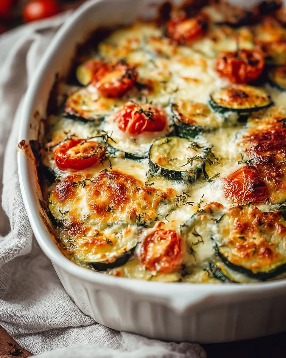 Baked zucchini topped with melted cheese and herbs, plated and ready to serve.