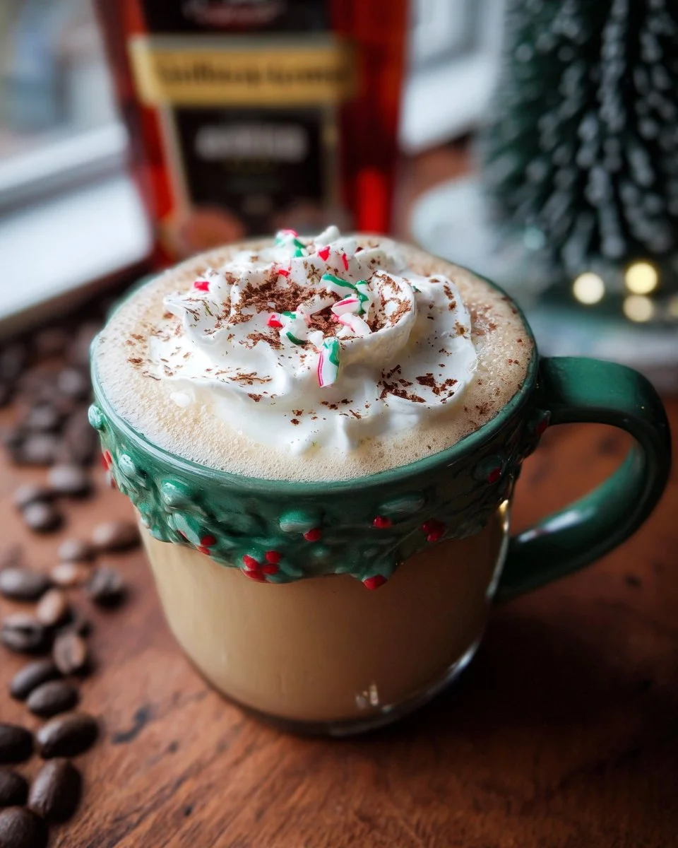 A cozy cup of spiked Christmas morning coffee with festive holiday decor.