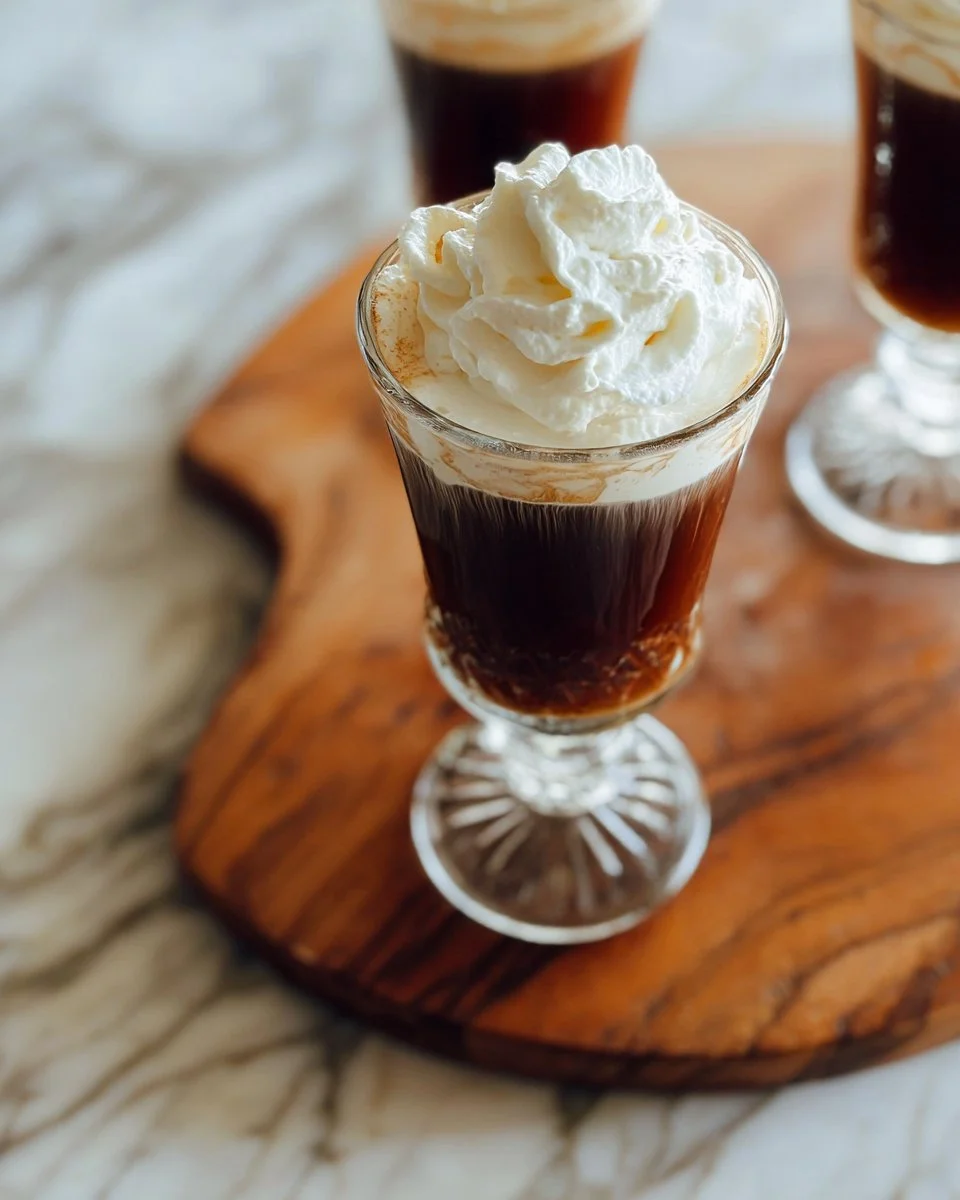 A steaming cup of the best Irish coffee topped with cream and garnished with coffee beans.