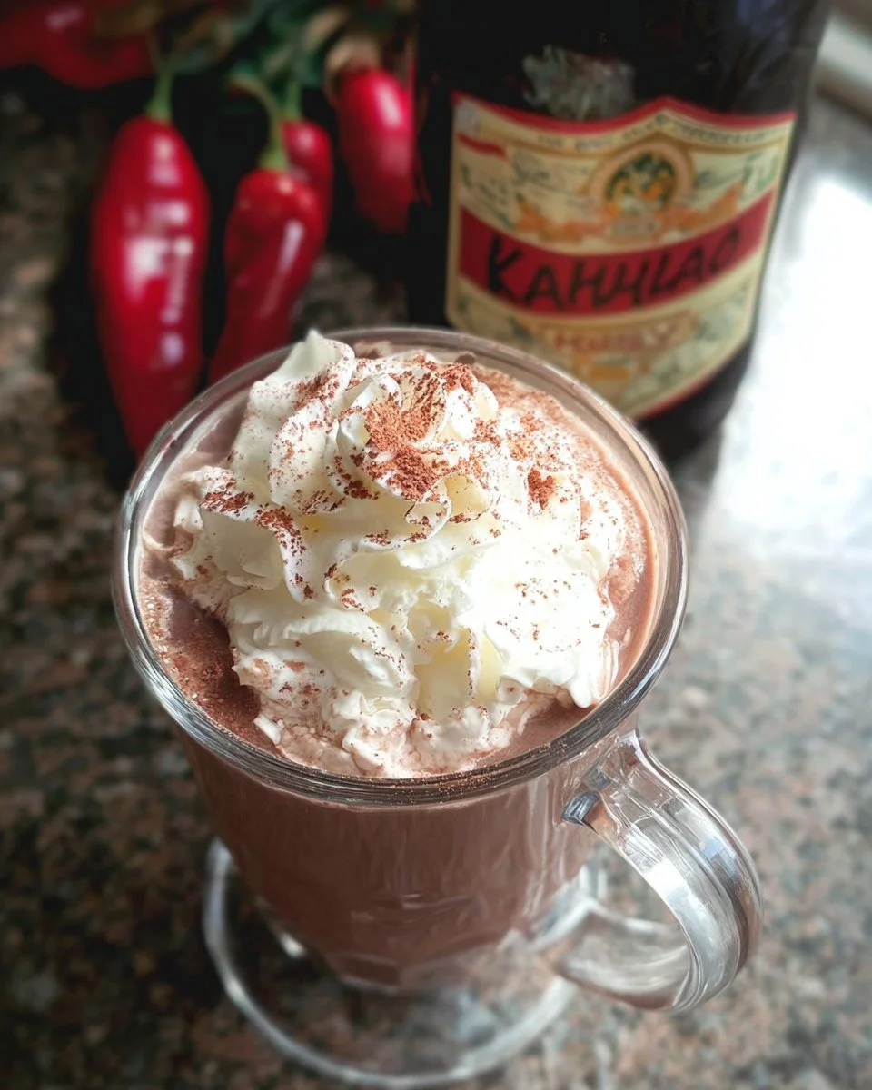 Boozy chili hot chocolate in a mug topped with whipped cream and chili garnish