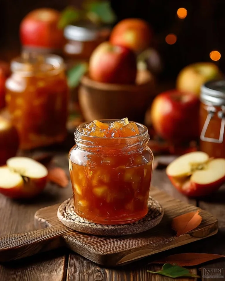 Delicious homemade caramel apple jam in a jar with fresh apples