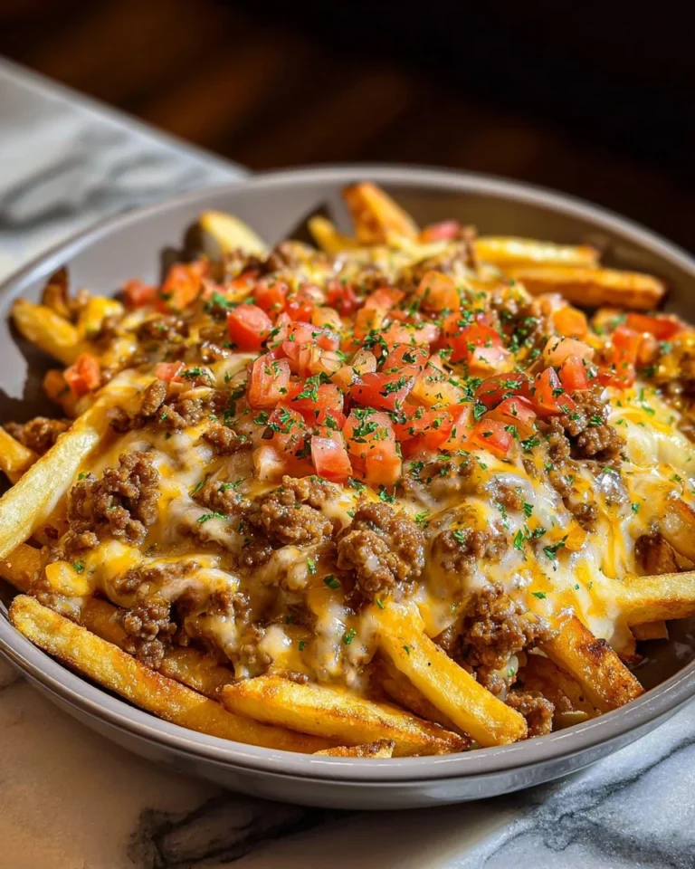 Delicious cheeseburger casserole topped with crispy French fries