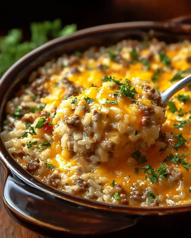 Cheesy ground beef rice casserole topped with melted cheese in a baking dish