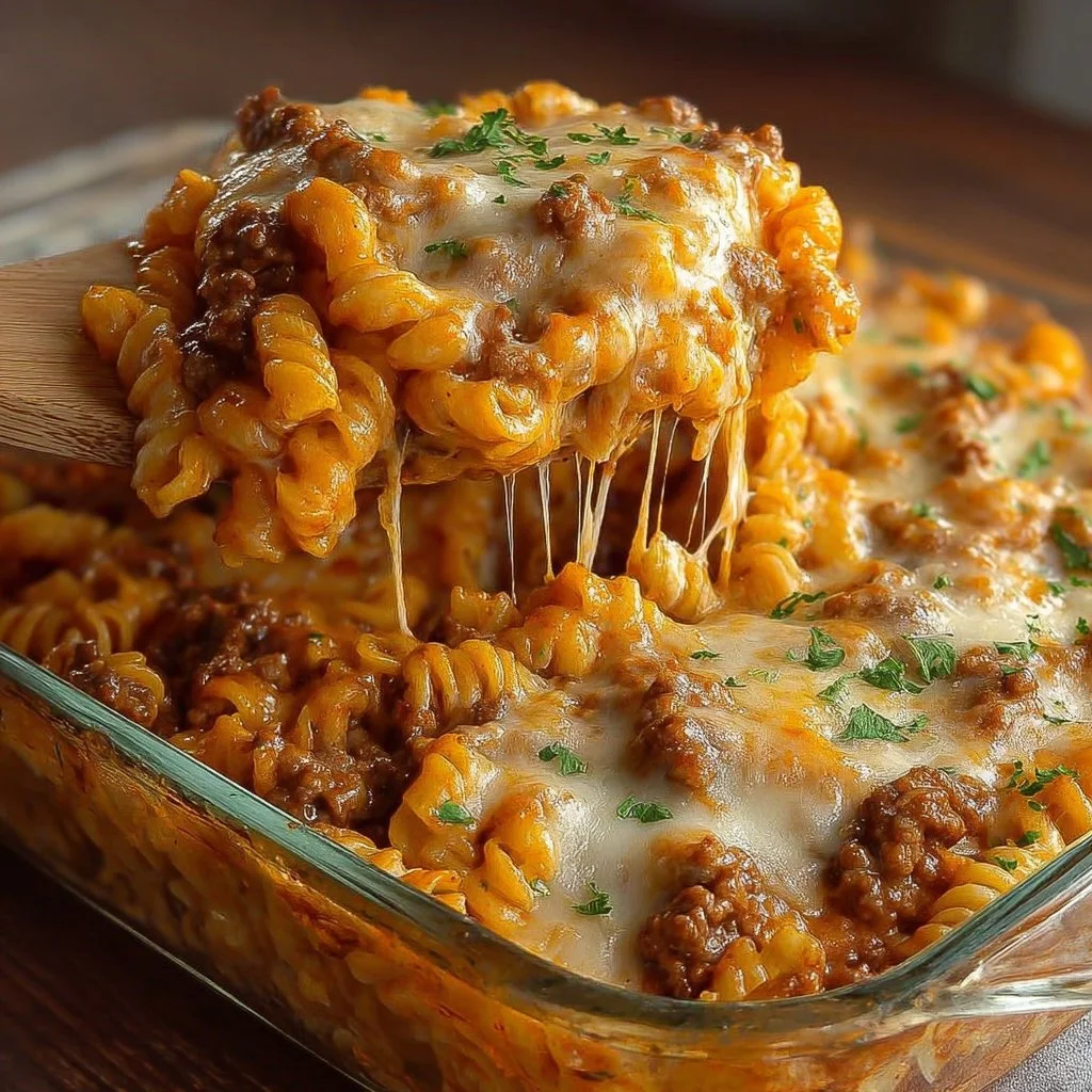 Cheesy hamburger casserole served in a baking dish, topped with melted cheese and herbs.