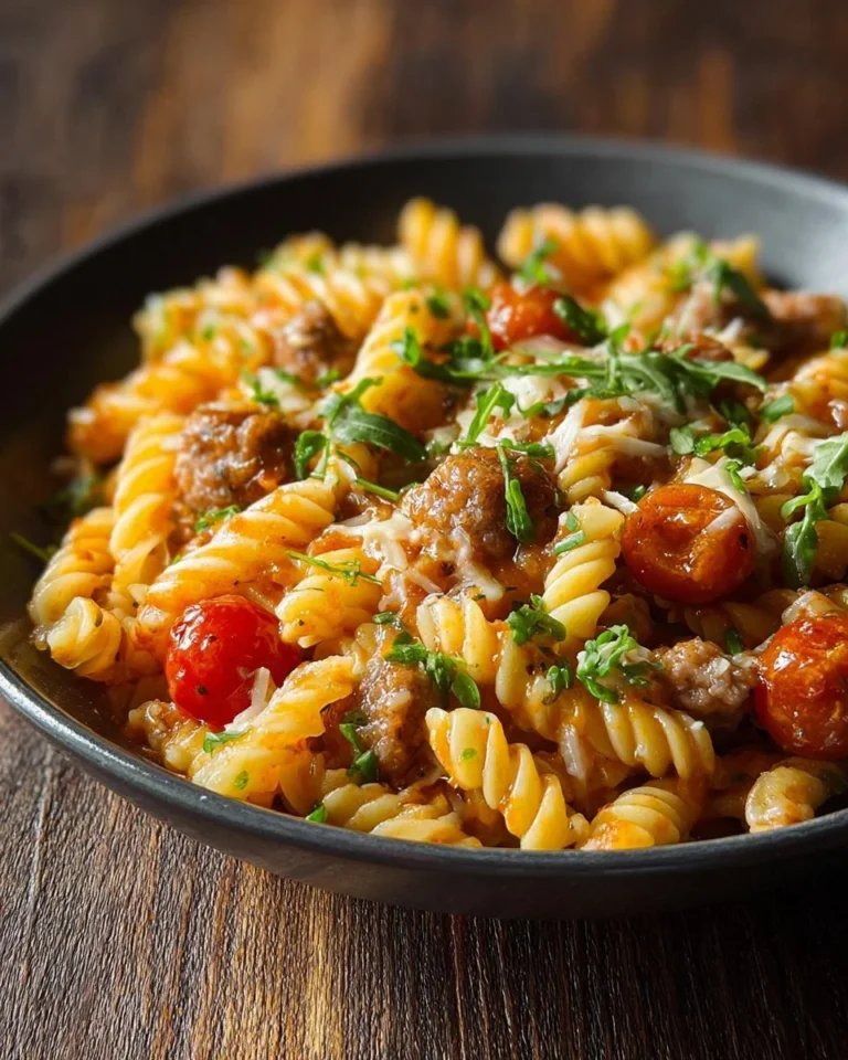 Cheesy Sausage Pasta Skillet topped with melted cheese and herbs