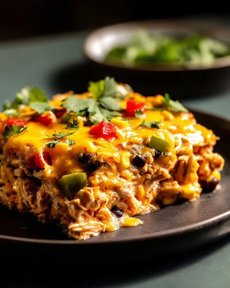 Delicious Chicken Fajita Rice Casserole topped with fresh cilantro and peppers.