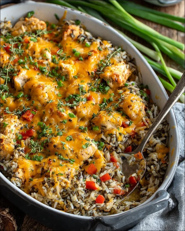 Creamy Chicken Wild Rice Casserole with vegetables and herbs