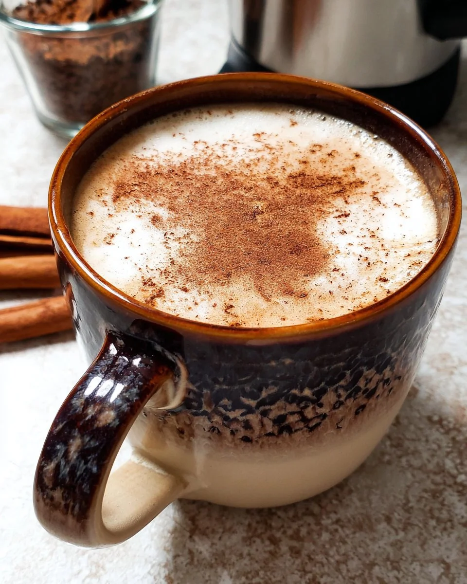 A warm cup of cinnamon latte topped with frothy milk and cinnamon sprinkle.