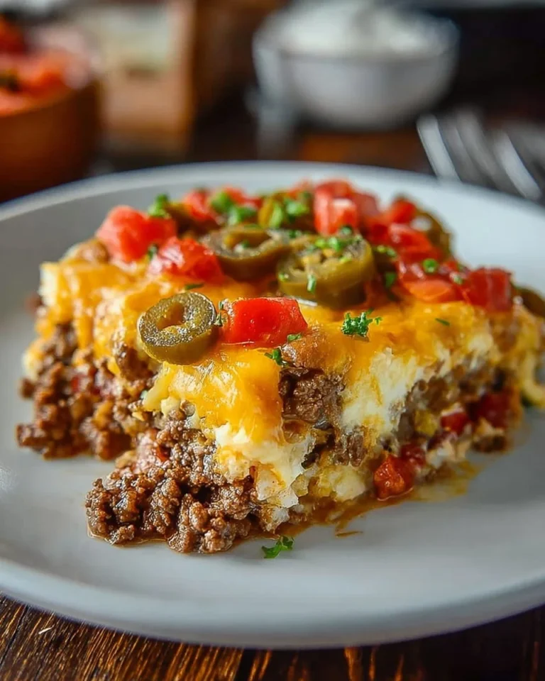 Classic John Wayne Casserole in a baking dish, served warm with toppings.
