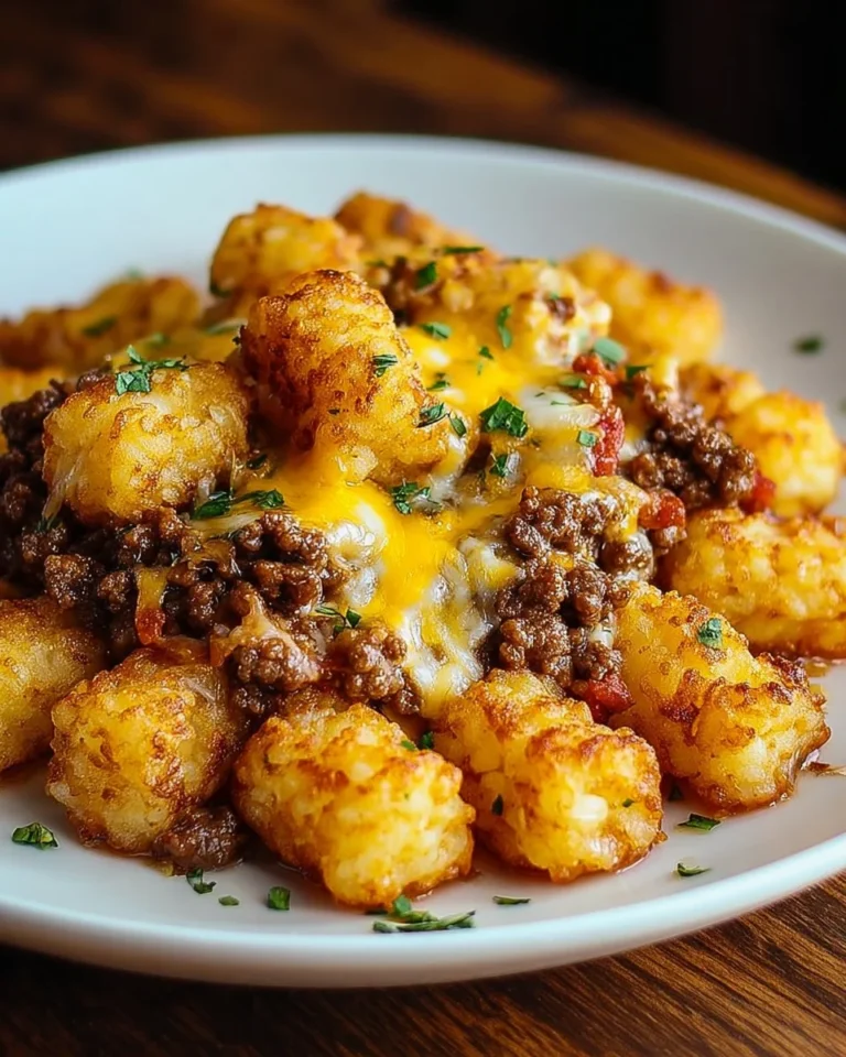 Delicious Cowboy Casserole topped with golden tater tots ready to serve