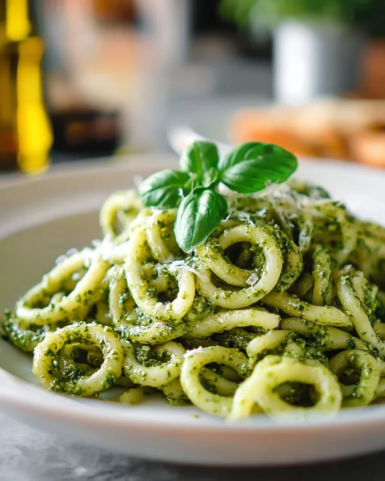 Creamy pesto pasta dish garnished with fresh basil and pine nuts