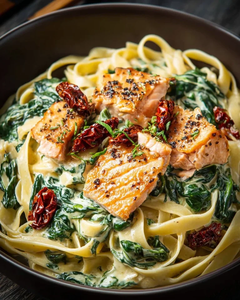 Plate of creamy Tuscan salmon pasta garnished with herbs