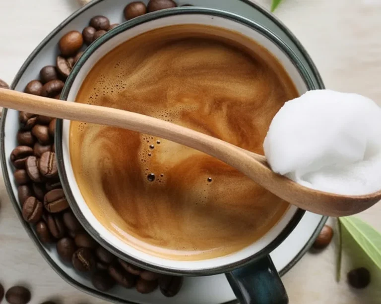 A delicious mug of maca coffee topped with cacao and almond milk, ideal for energy boost.