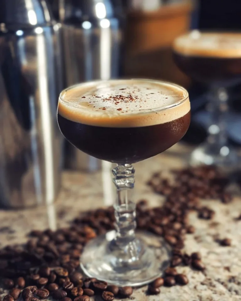 Delicious Espresso Martini cocktail garnished with coffee beans
