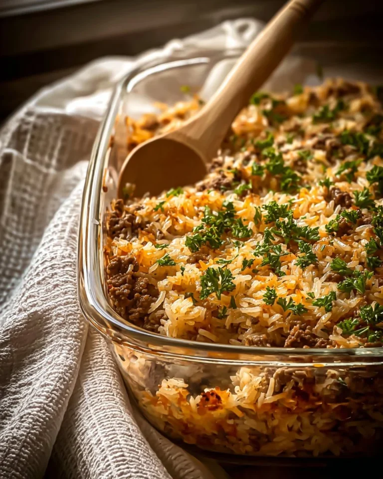 Creamy French Onion Beef Rice Casserole garnished with herbs in a baking dish