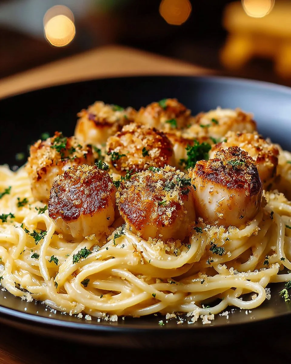 Delicious serving of Garlic Butter Chicken Parmesan Pasta topped with herbs.