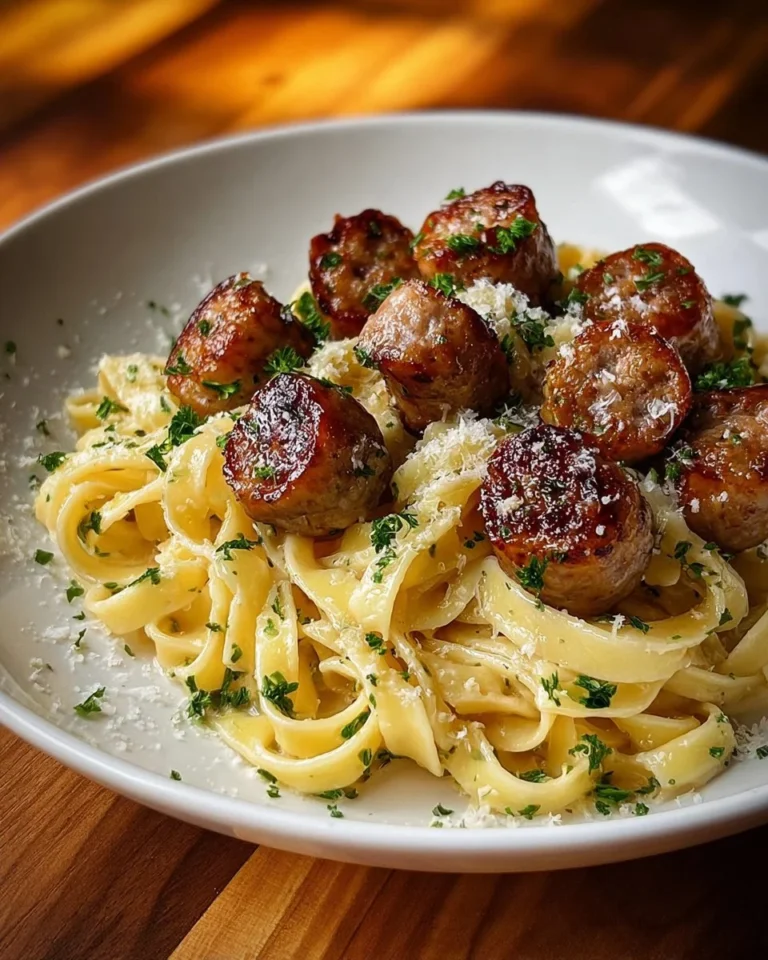 Plate of Garlic Butter Sausage Pasta topped with Parmesan cheese.