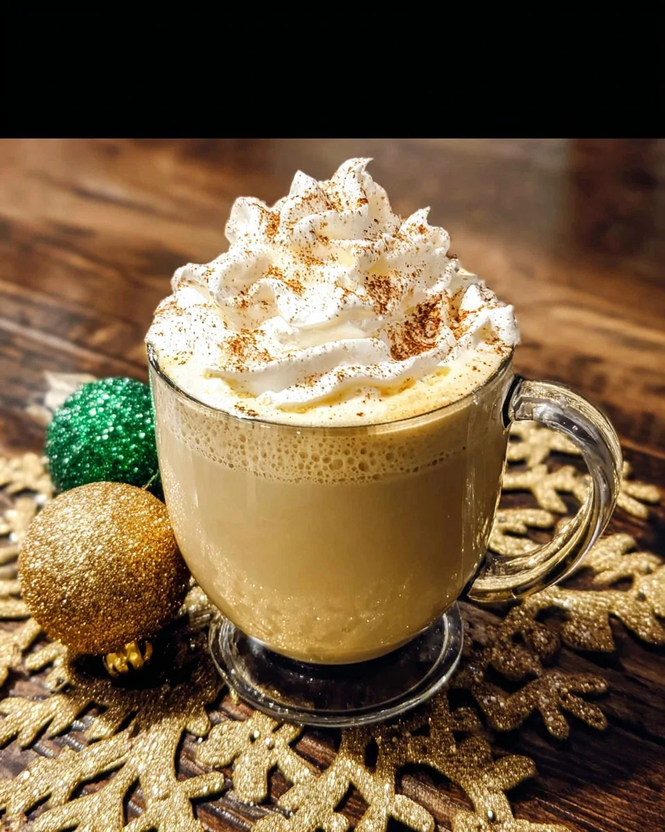 A delicious homemade eggnog latte served hot with festive spices.
