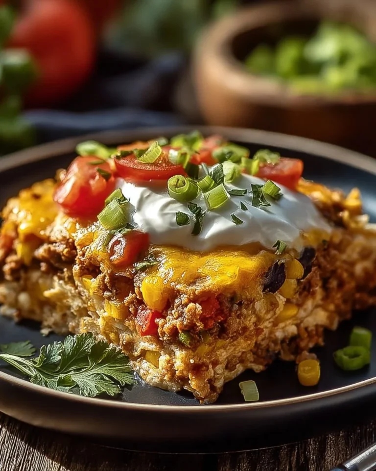 Deliciously layered burrito casserole with toppings and ingredients