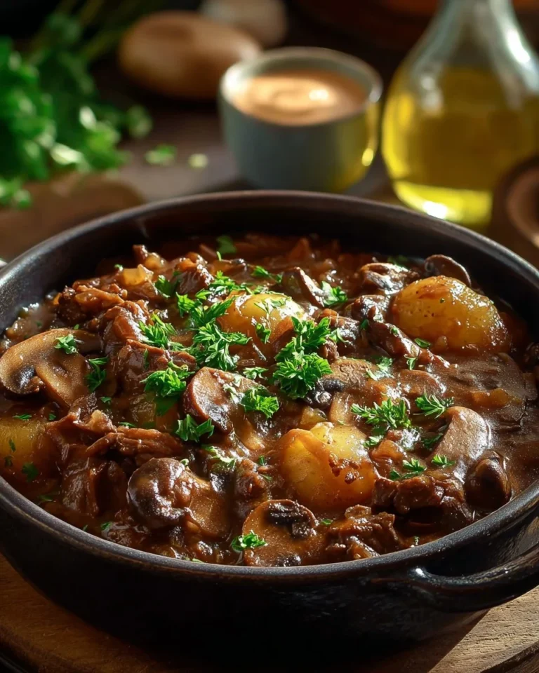 Delicious Mary Berry beef casserole garnished with herbs in a rustic dish.